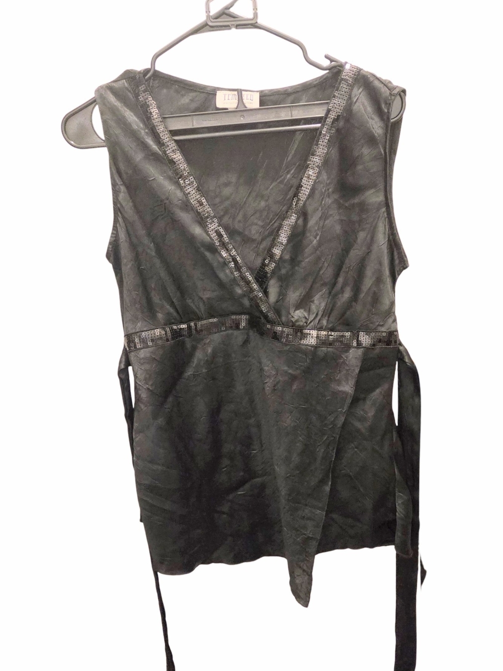 Black Sleeveless Wrap Top with Sequin Trim